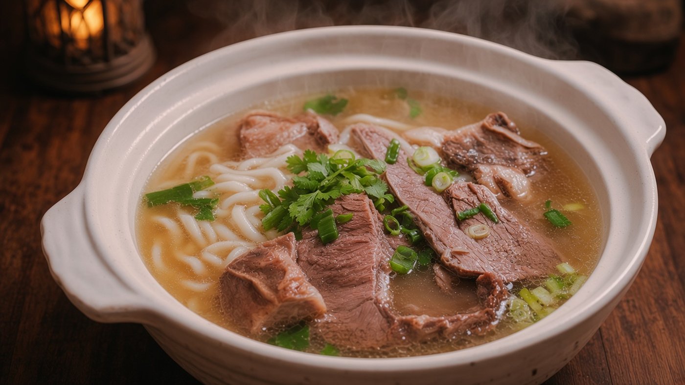 清真中國牛肉麵食館清燉牛肉麵，砂鍋碗盛清澈牛骨湯、溫體牛肉片與香菜蔥花