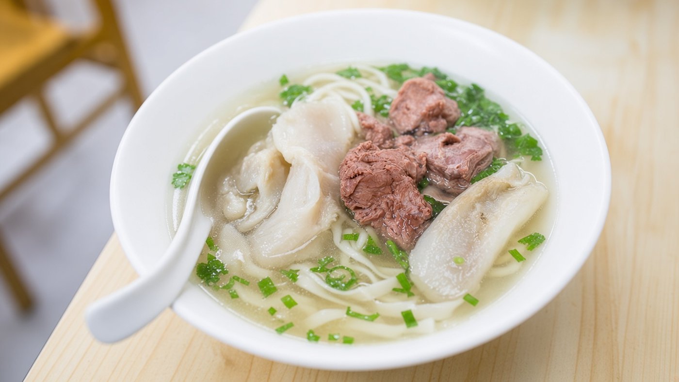 穆記牛肉麵清燉半筋半肉麵，白瓷碗中近乎透明的清湯、大塊牛筋牛腱與寬麵