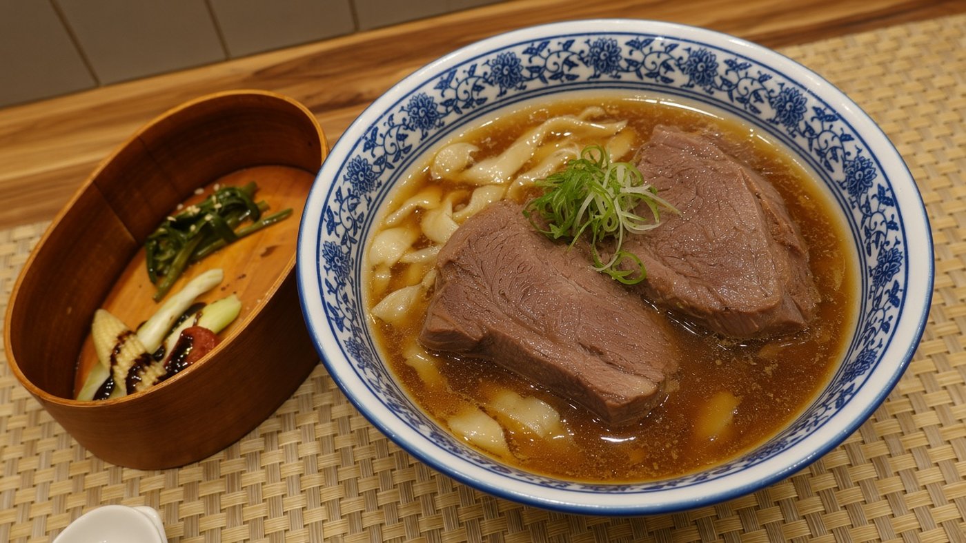 江牛樓昆布醬油風牛肉麵，青花瓷碗盛金褐醬油湯、兩大塊牛腱心與刀削寬麵，旁附木盒小菜